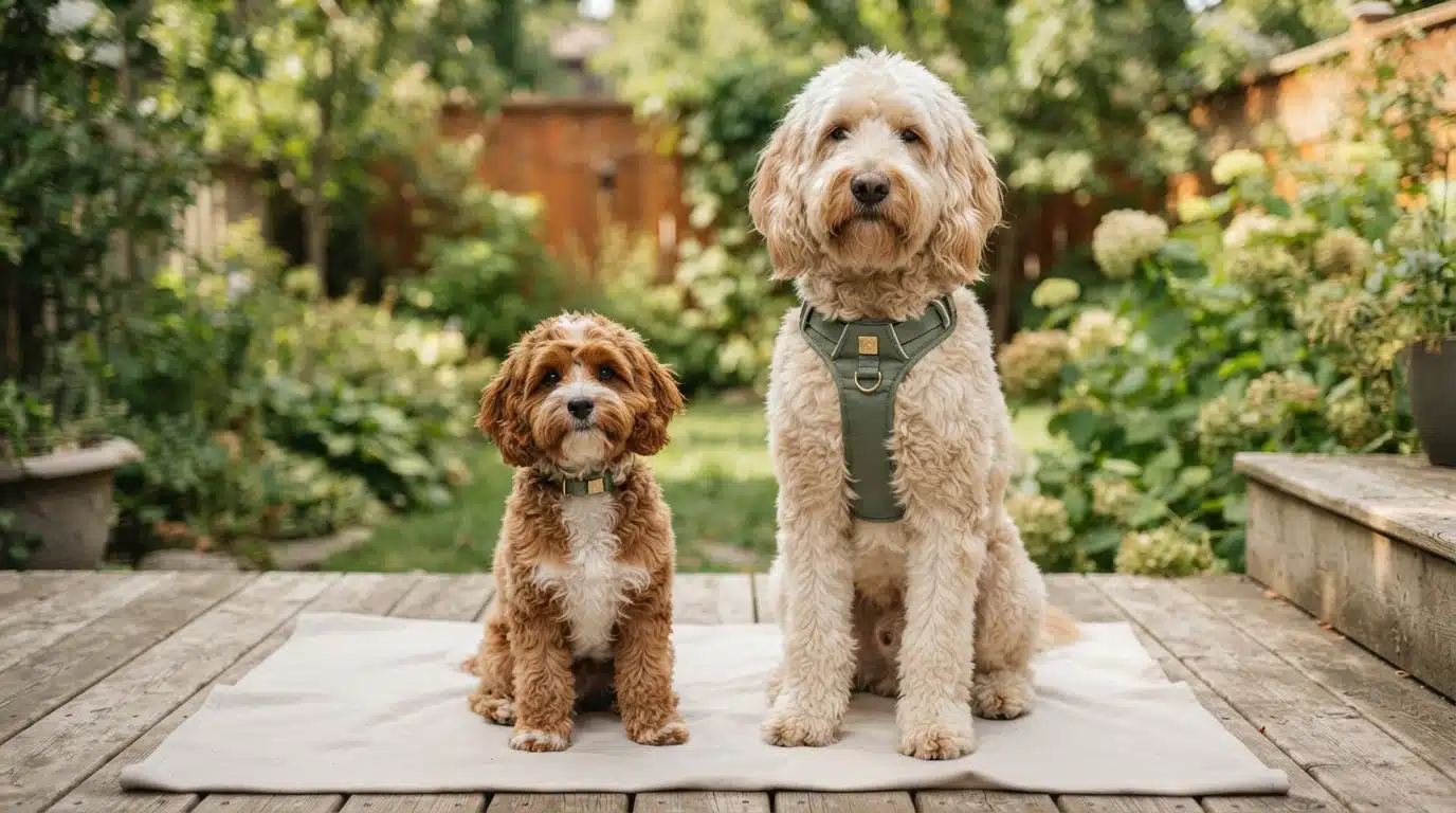 A small brown and white Cavapoo sits beside a larger cream-colored Goldendoodle on a wooden deck, both looking forward with lush green foliage in the background.