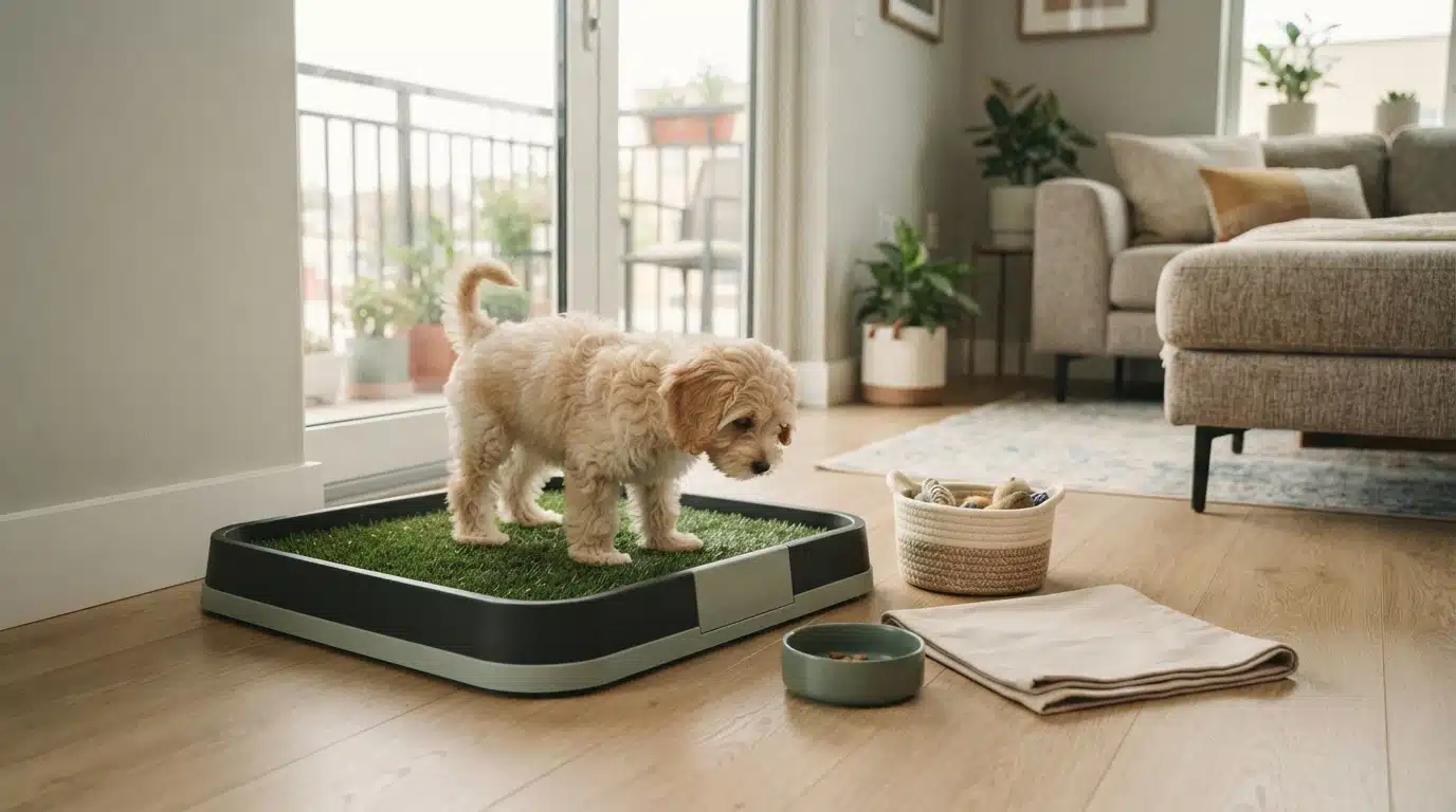 Cream-colored puppy standing on a green indoor potty tray beside a sliding glass door.