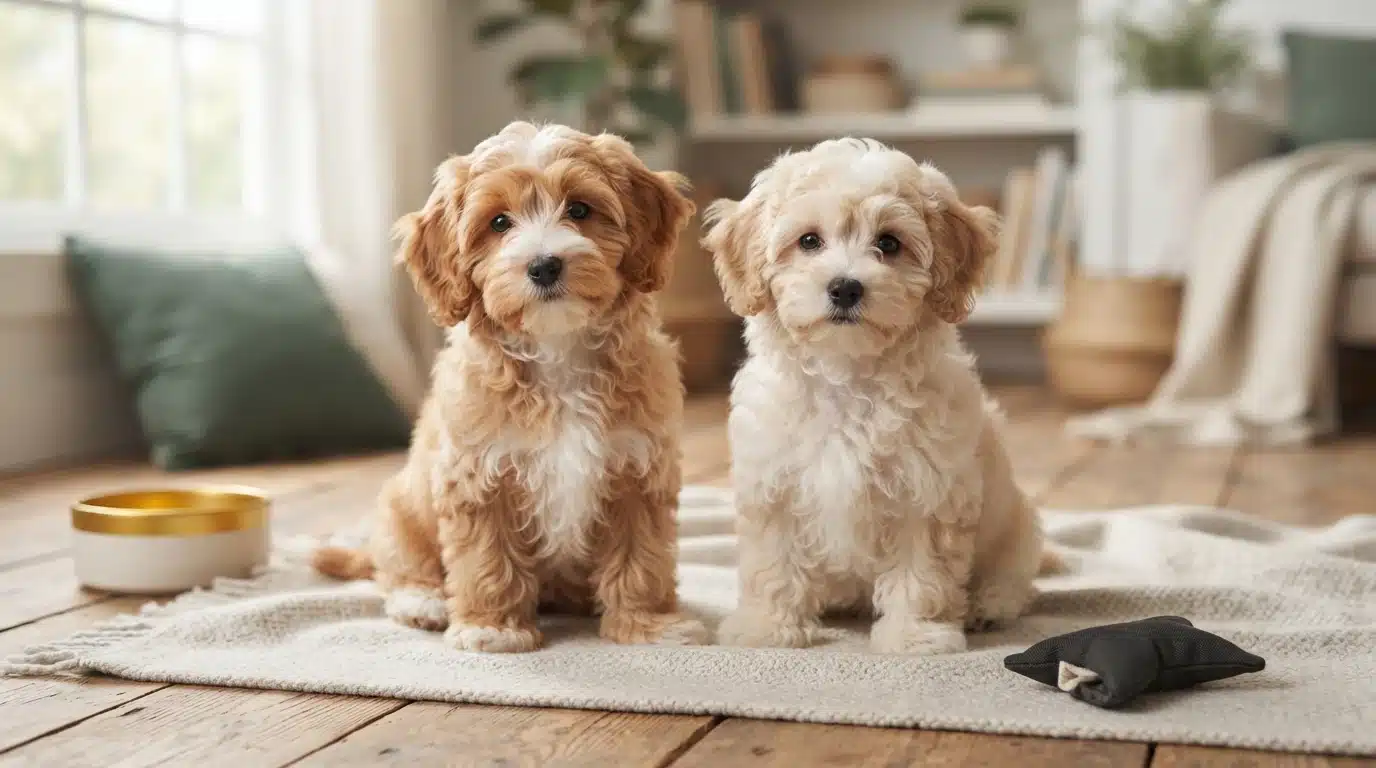 Two adorable Havapoo and Maltipoo puppies sit side-by-side on a rug in a bright, cozy living room, comparing their fluffy coats.