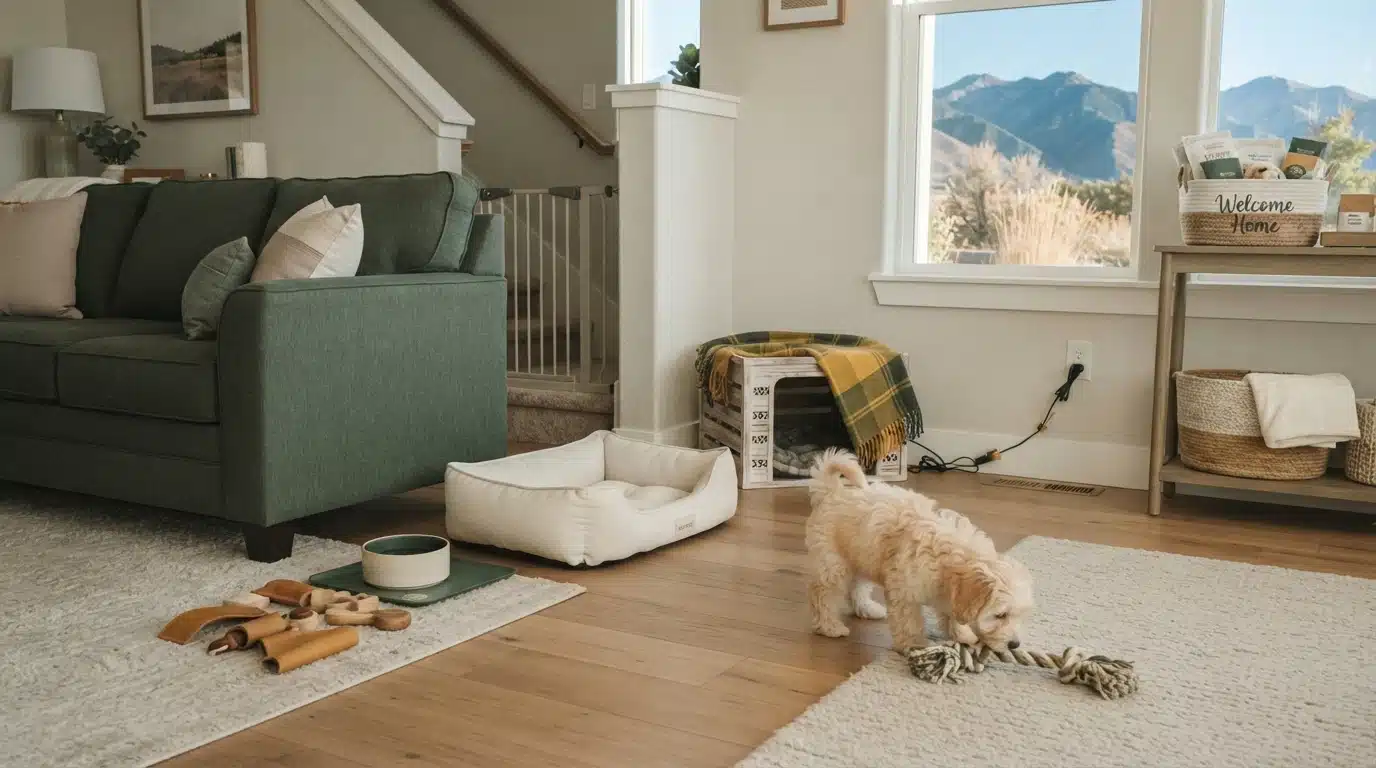 Fluffy golden puppy chews a rope toy on a rug in a cozy living room, with a dog bed, wooden toys, and a safe puppy gate visible. This scene depicts preparing a new puppy home.