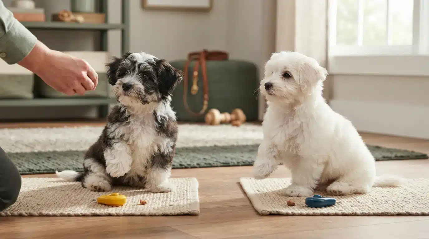 A black-and-white puppy and a cream puppy sit on small mats while a person holds out a hand.