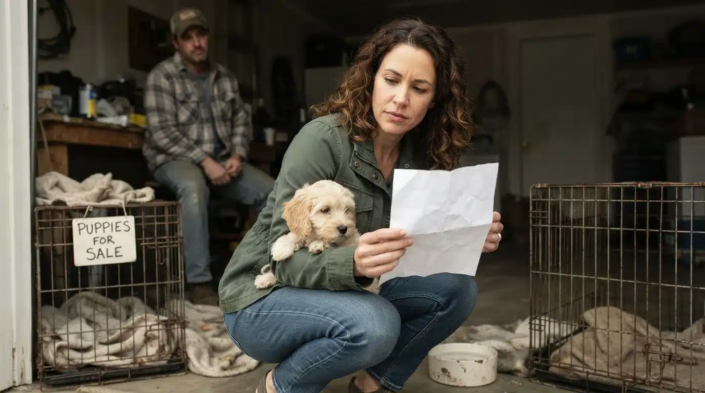 A woman with curly brown hair kneels, holding a fluffy golden puppy and a crumpled paper, in a dimly lit garage. A sign on a nearby cage reads "PUPPIES FOR SALE," highlighting potential red flags when searching for family-raised puppies.