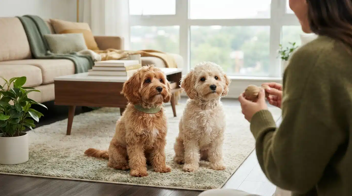 An apricot puppy and a cream puppy sit on a rug facing a person holding a ball.