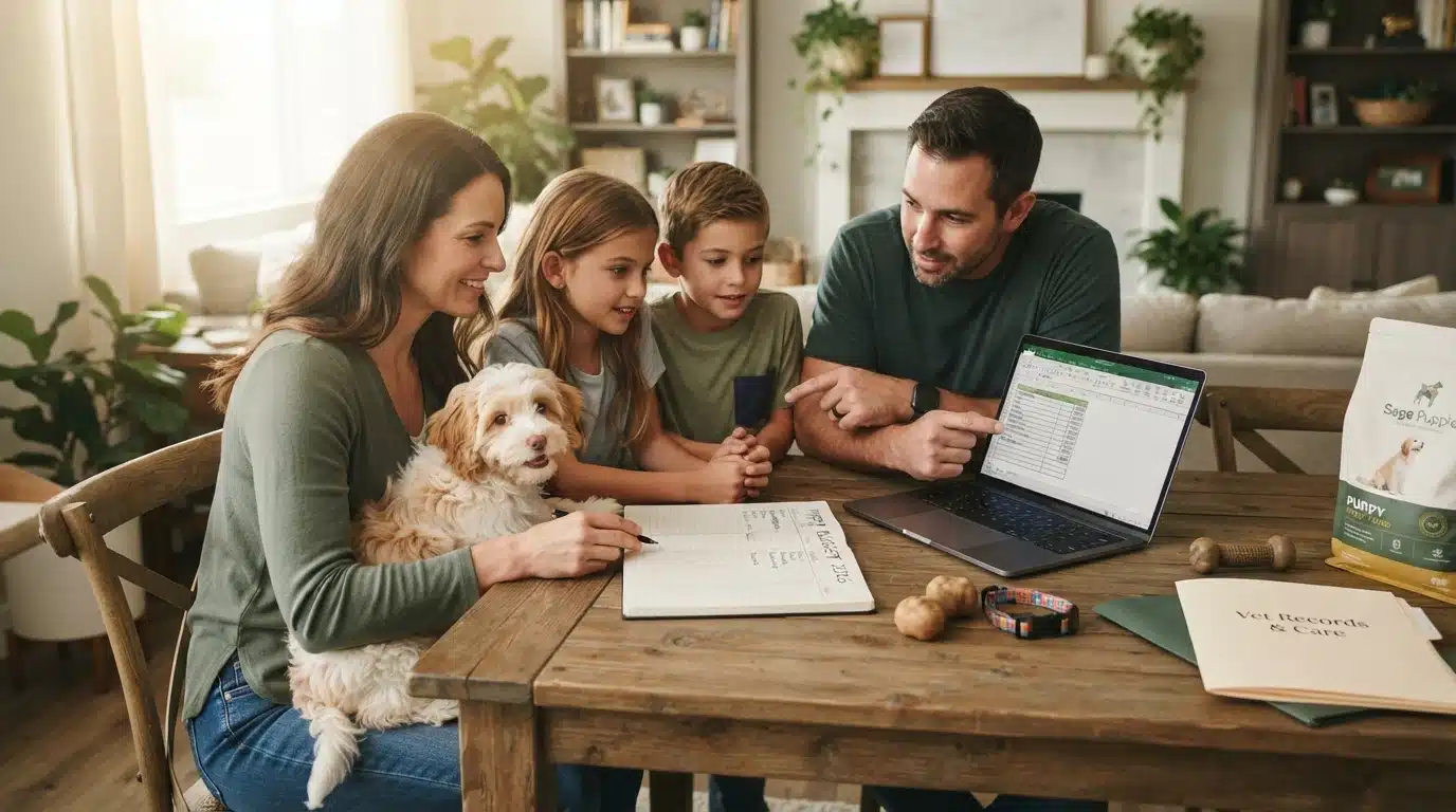 A family of four, including parents and two children, sits at a wooden table with a fluffy puppy on the mother's lap, reviewing a spreadsheet on a laptop and a budget notebook, preparing for their family-raised puppy in 2026.