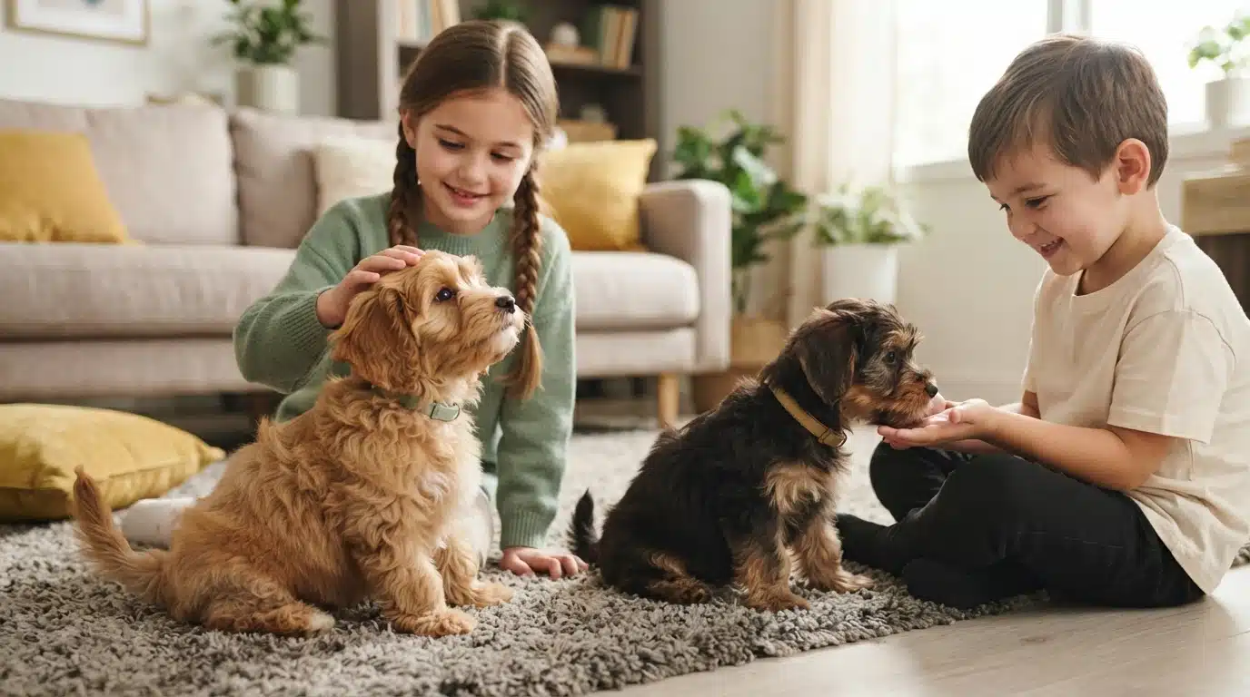 A young girl with braided hair gently pets a fluffy golden-brown puppy, while a boy offers a treat to a small, dark-haired terrier mix puppy, both sitting on a rug in a bright living room.
