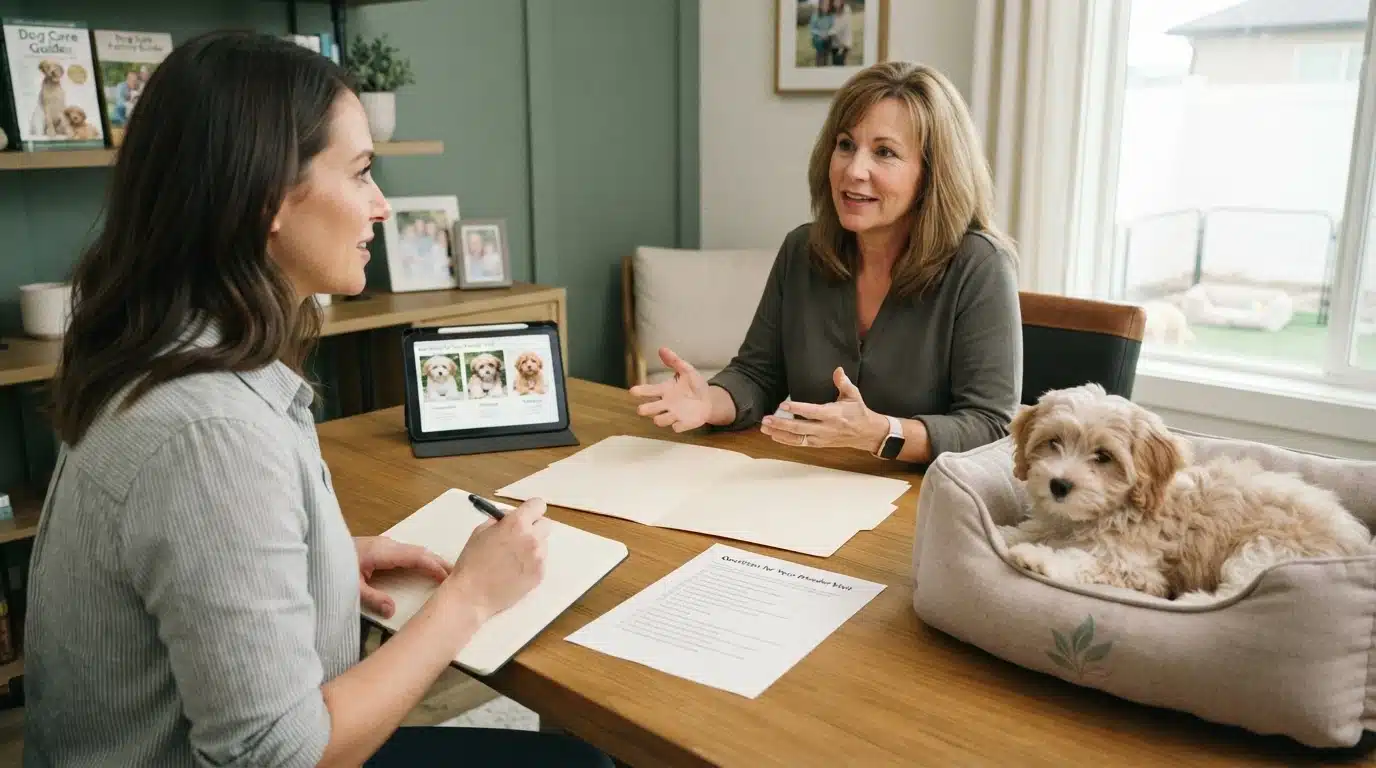 A prospective puppy owner takes notes as a breeder discusses puppy care, with a fluffy golden doodle puppy resting in a bed on the table. This scene is relevant for puppy breeder reviews and questions to ask.