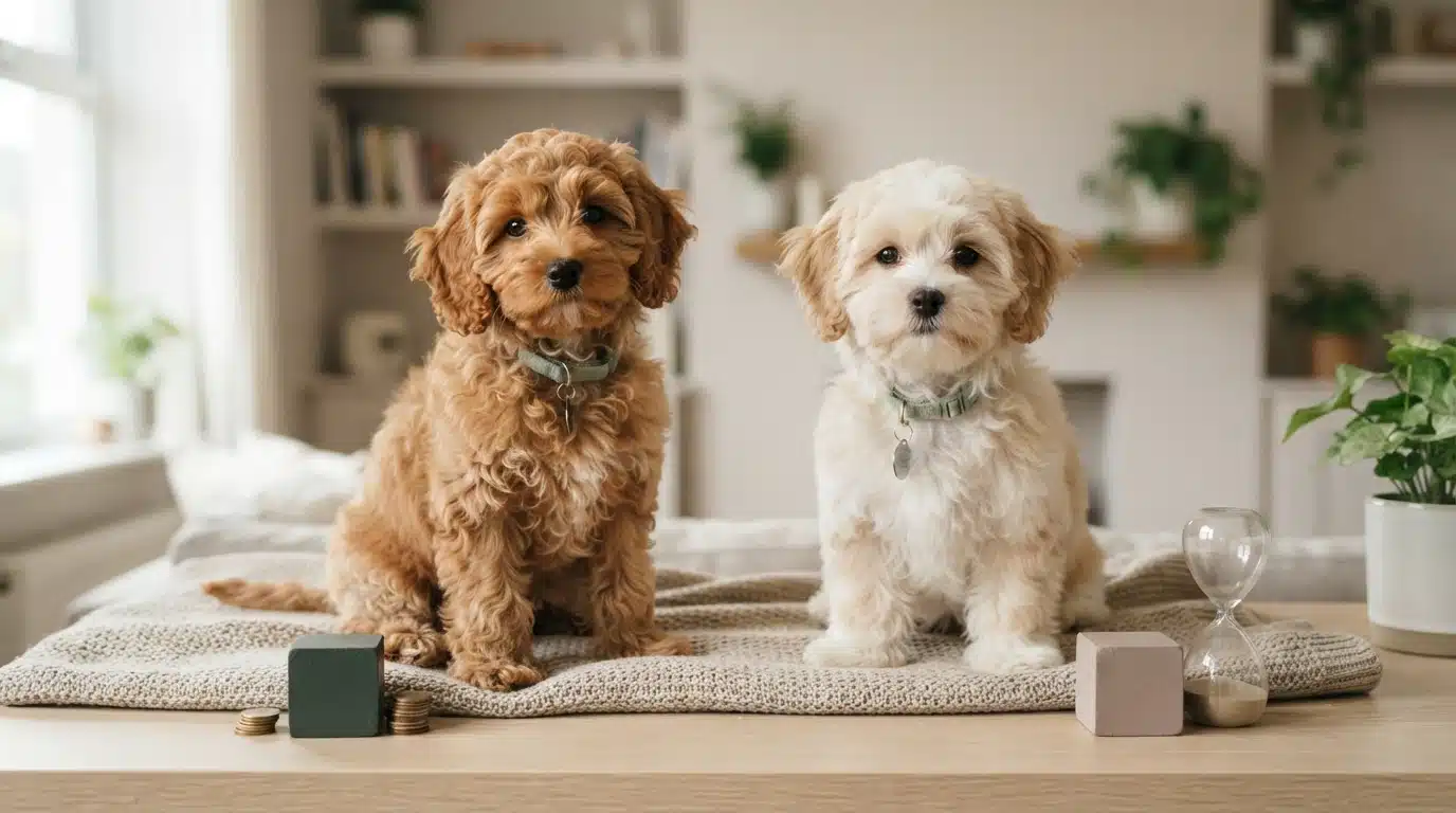 An apricot puppy and a cream puppy sit on a mat beside small blocks and an hourglass.