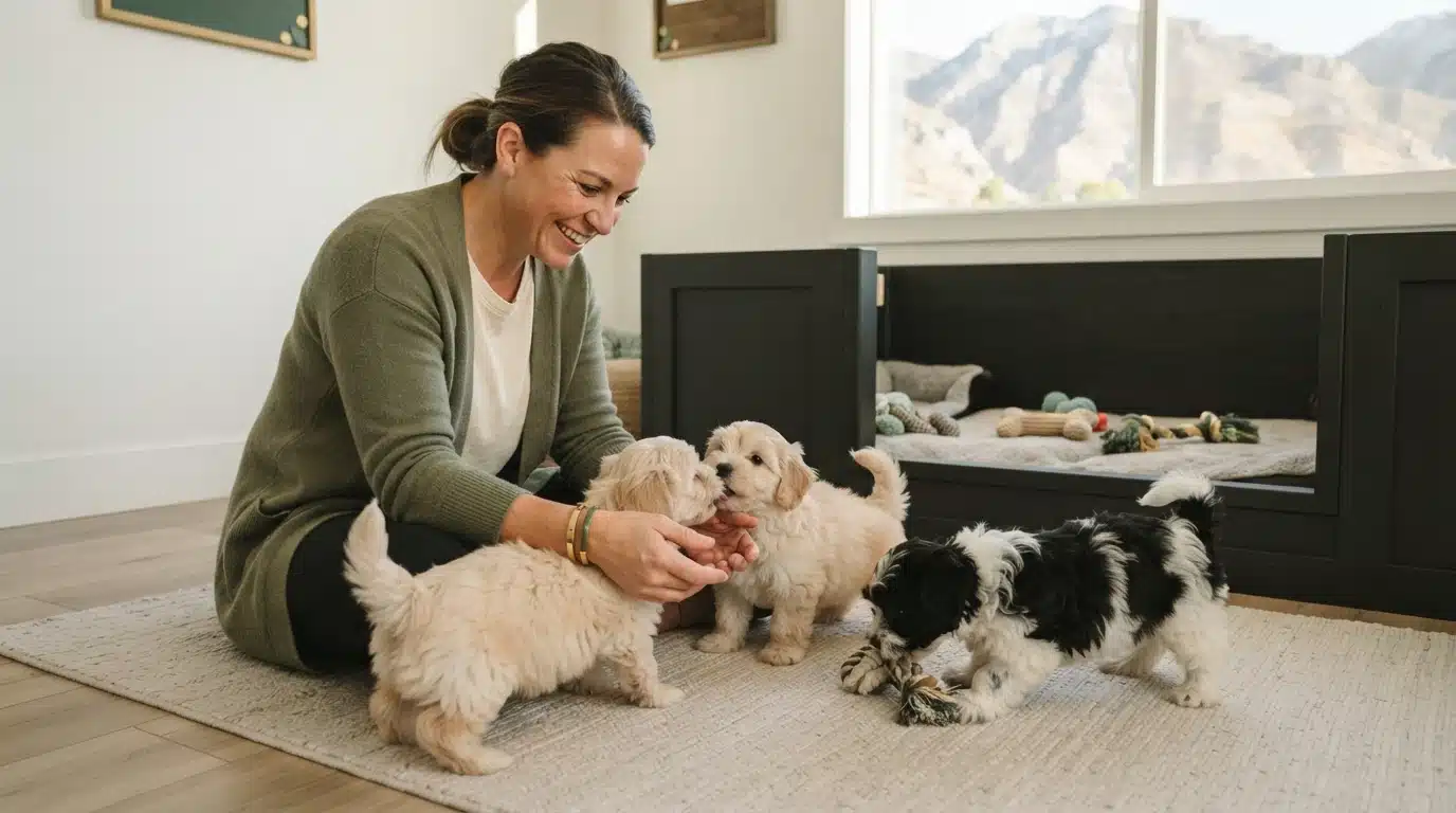A smiling woman in a green cardigan interacts with three adorable puppies in a bright room, with mountains visible through large windows. One puppy plays with a toy, while two others nuzzle her hands, suggesting a responsible breeder in the West.