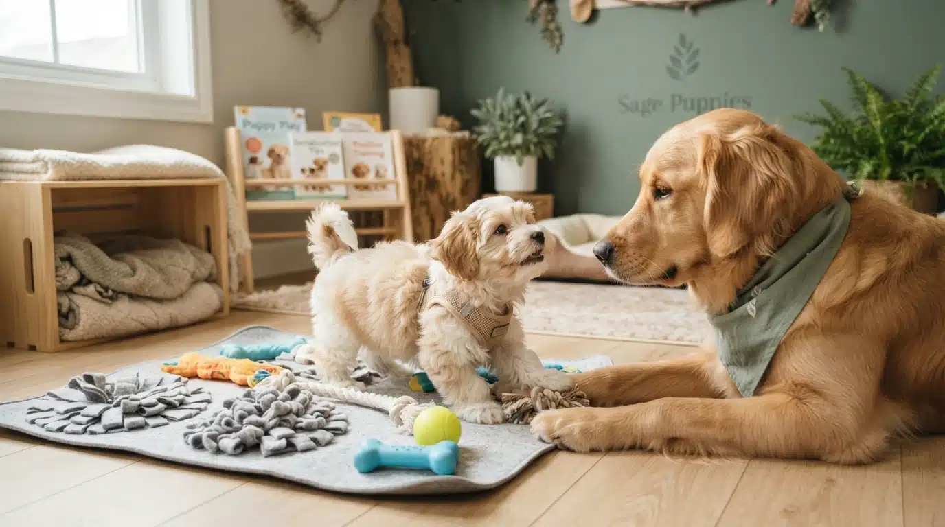 A small cream puppy faces a larger golden-colored dog beside toys on a play mat.