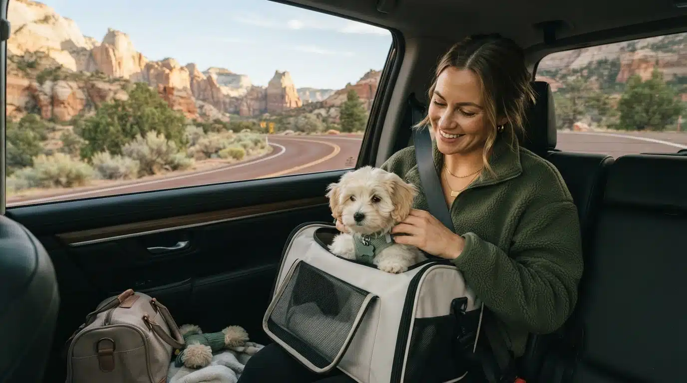 A woman sits beside a cream puppy in an open soft carrier inside a car, with red rock scenery outside.