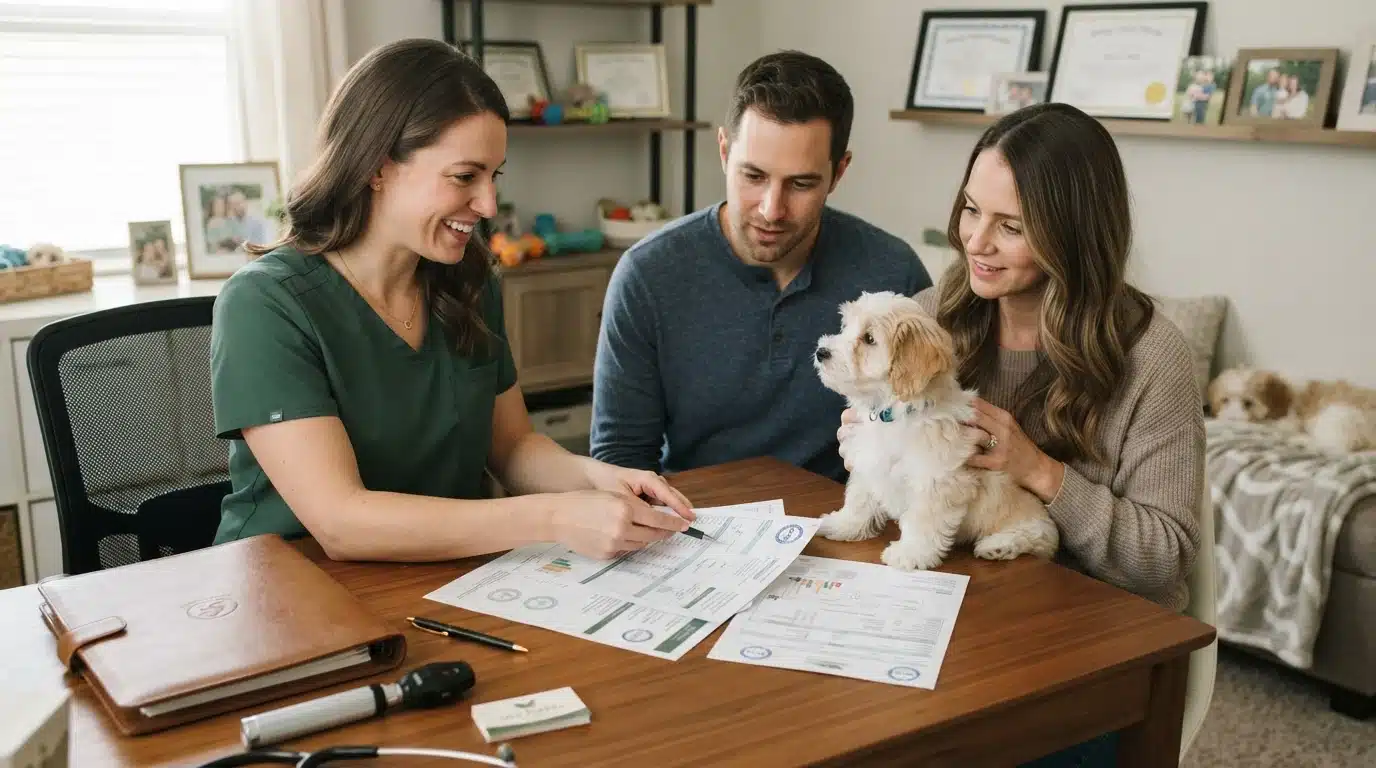 Illustration of a person in green scrubs discussing paperwork with two adults and a cream-colored puppy at a table.
