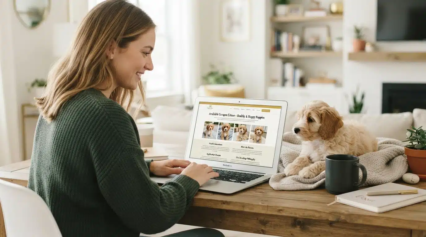 A woman smiles as she types on a laptop displaying a website with Cavapoo puppies, while a fluffy Cavapoo puppy rests on a blanket nearby, illustrating how to spot a reputable Cavapoo breeder online.