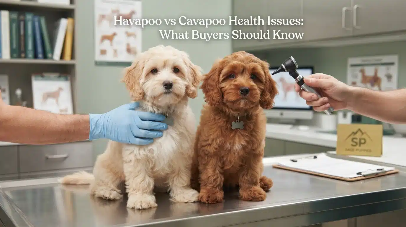 Illustration of a cream puppy and a reddish-brown puppy on an exam table, with hands, an examination tool and the article title.