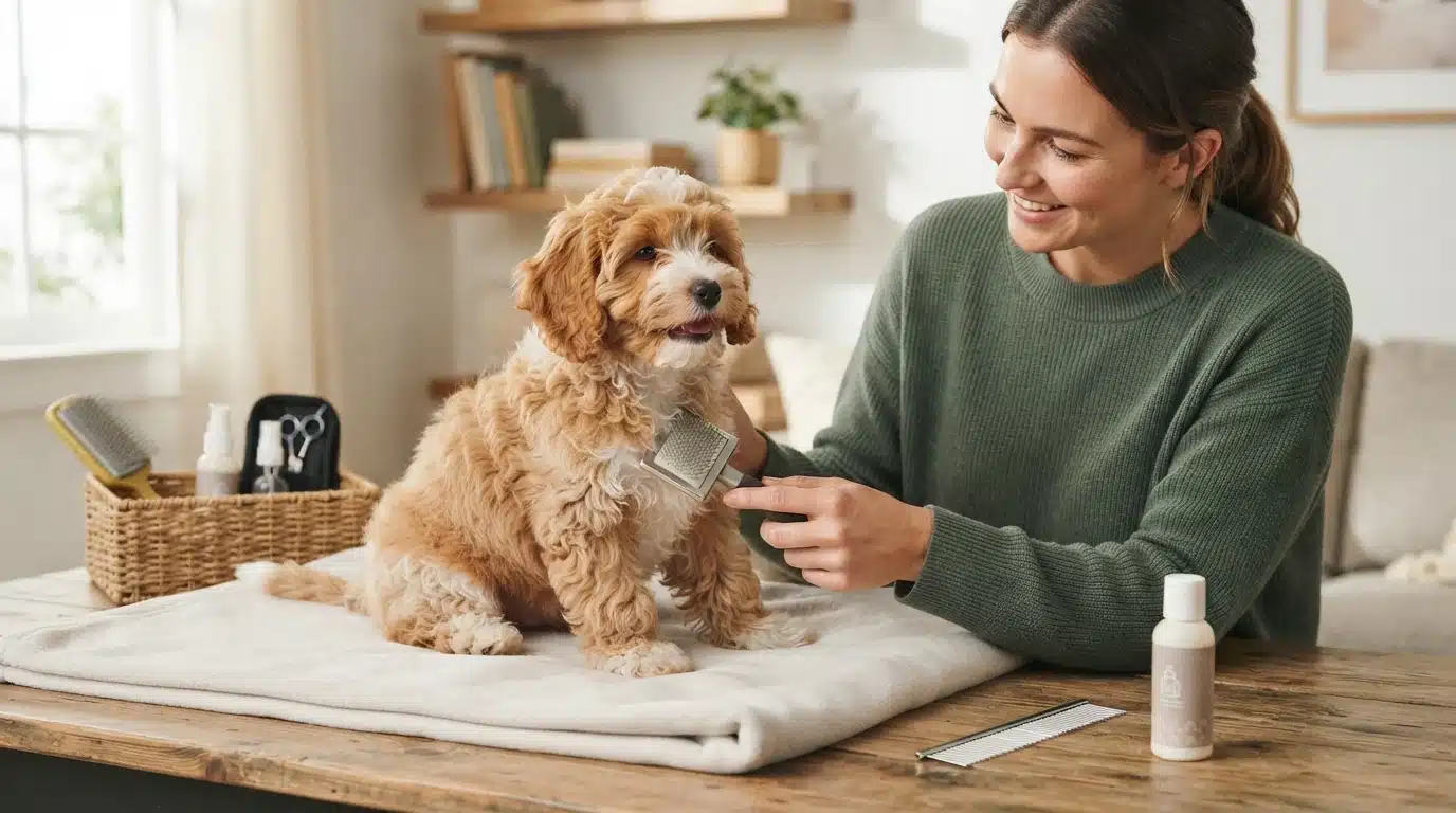 A woman gently brushes a fluffy, light brown Cavapoo puppy on a table, surrounded by grooming tools, as part of a Cavapoo grooming guide for first-time owners.
