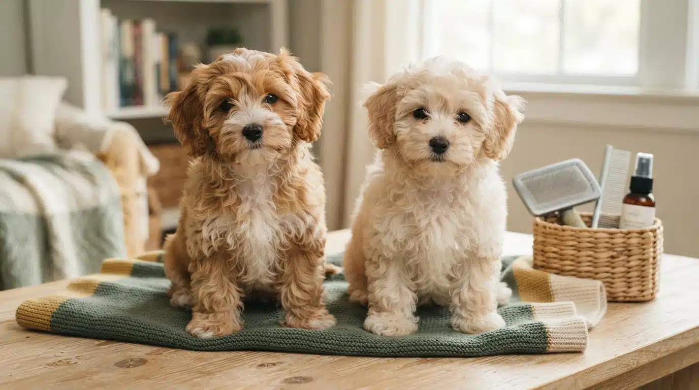 Two fluffy puppies, a golden Havapoo and a cream Maltipoo, sit side-by-side on a blanket, with grooming tools in a basket nearby.