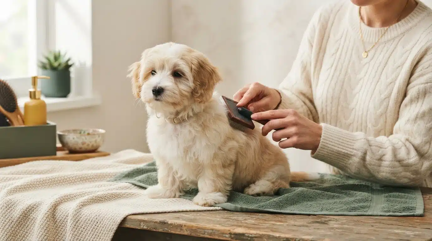 A fluffy Havanese puppy with golden-brown ears is gently brushed by a person wearing a cream-colored sweater, as part of a first-time owner grooming guide.
