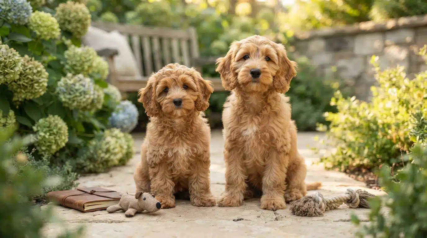 Two adorable golden-brown Cavapoo puppies with curly fur sit outdoors on a stone path, surrounded by lush greenery and hydrangeas. A small toy dog and a notebook are placed beside them.