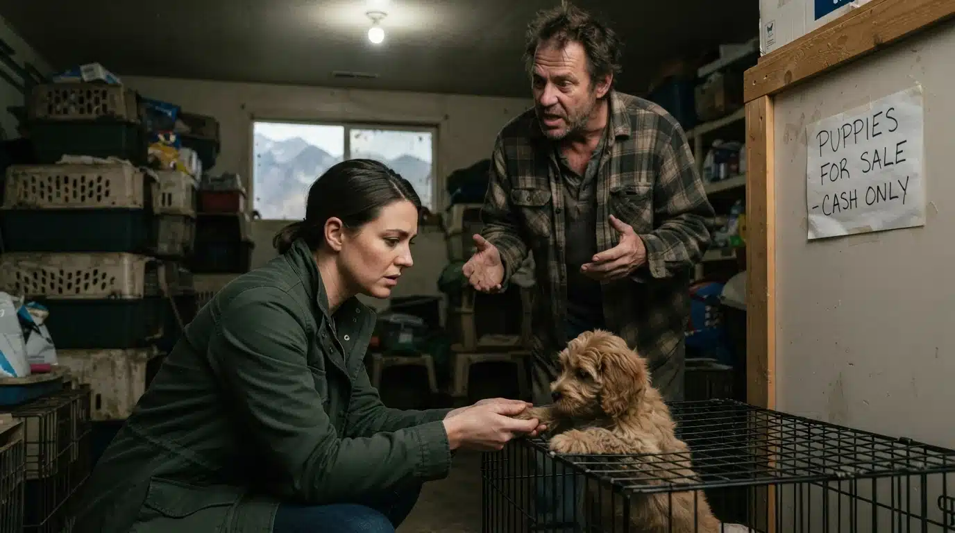A woman in a green jacket kneels to comfort a fluffy puppy in a cage, while a man in a plaid shirt gestures animatedly, a "Puppies for Sale - Cash Only" sign visible in the background.