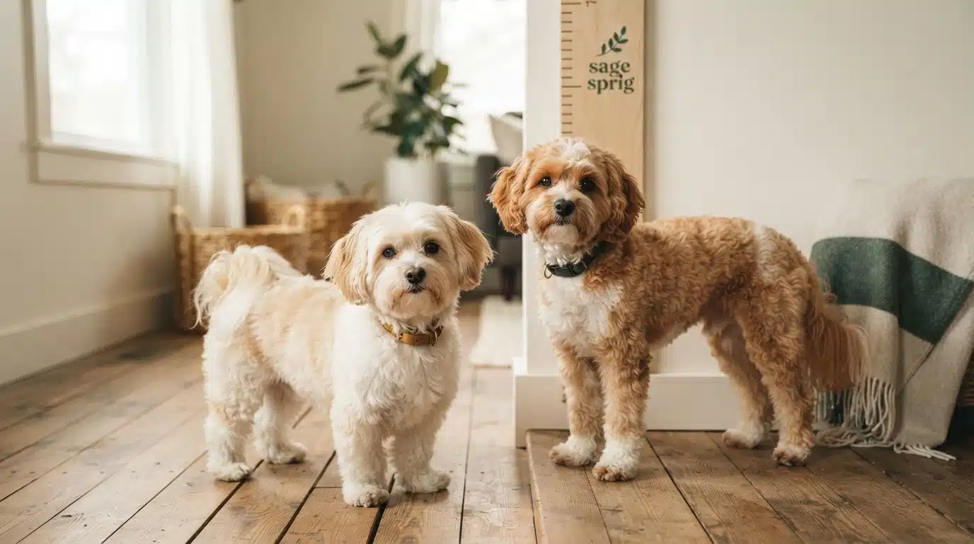 Two small dogs, a cream-colored Havanese and a golden Havapoo, stand side-by-side on a wooden floor, comparing their sizes next to a wooden growth chart.