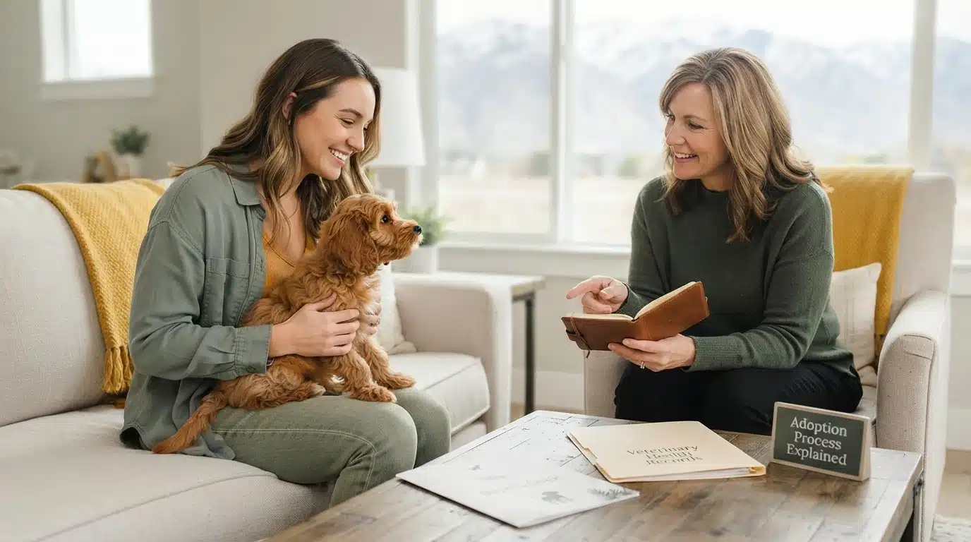 A smiling young woman in Utah holds a fluffy golden puppy while discussing adoption with a woman pointing to a book titled "Adoption Process Explained.