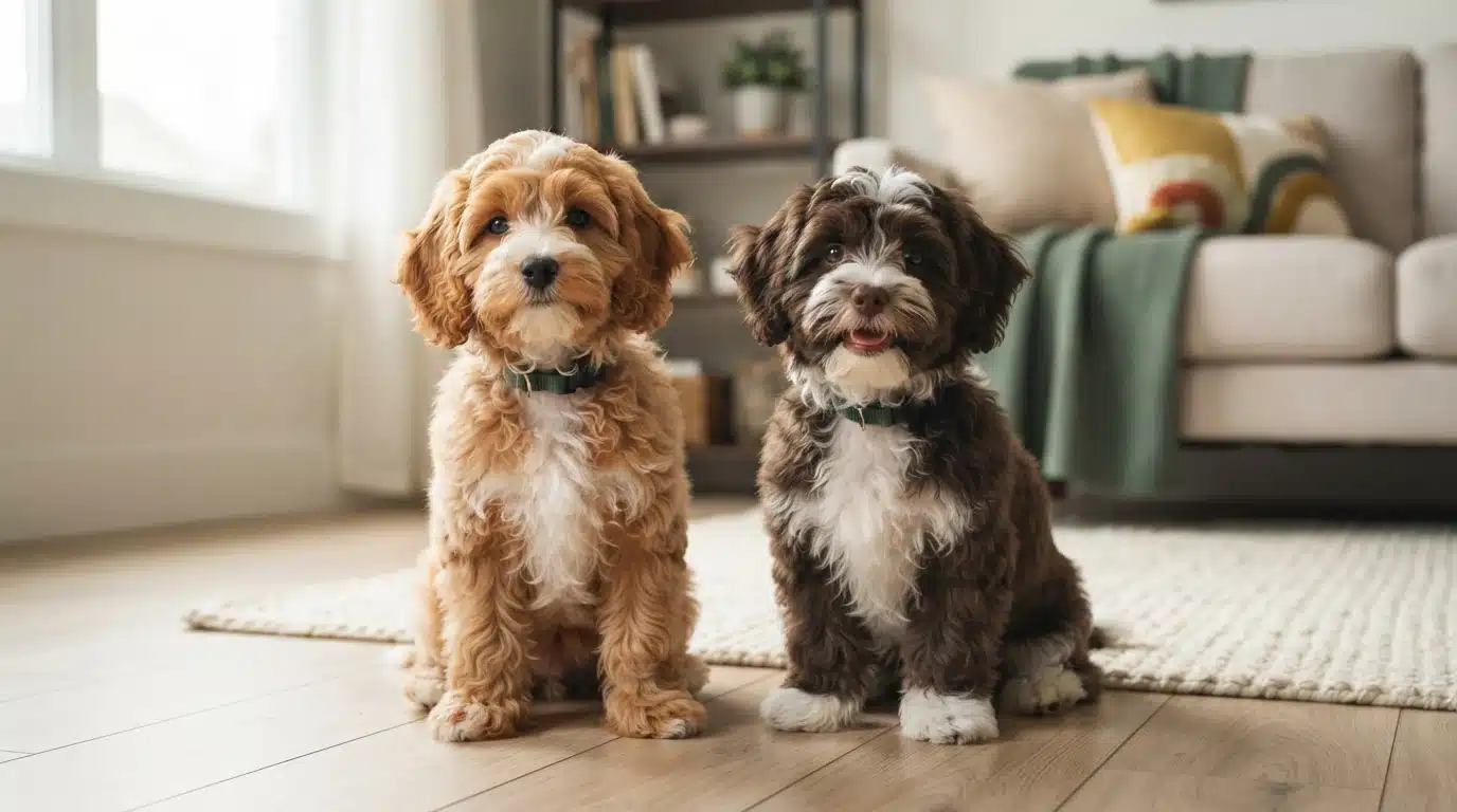 Illustration of a tan-and-white puppy and a dark-brown-and-white puppy sitting on a wood floor beside a rug.