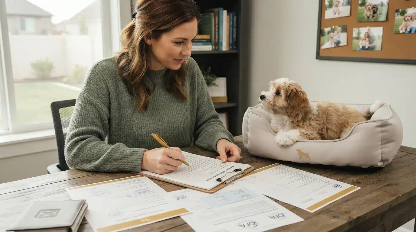 A woman reviewing puppy breeder credentials on paperwork at a desk, with a fluffy golden and white puppy resting in a dog bed beside her.