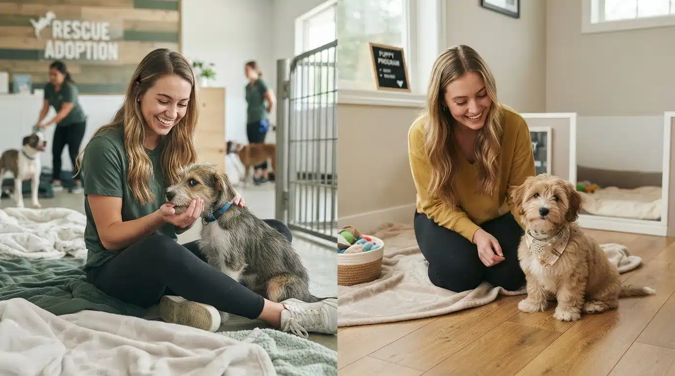 Left: A woman smiles while petting a scruffy terrier mix dog in a rescue adoption center. Right: A woman smiles at a fluffy golden-brown puppy in a clean, bright room, possibly a breeder's home.