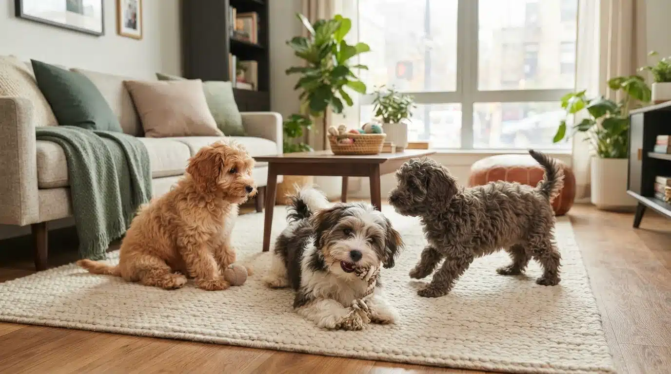 Three adorable small breed puppies play on a rug in a bright, modern living room. A fluffy golden puppy sits to the left, a black and white puppy chews a rope toy in the center, and a curly grey puppy stands to the right. This scene showcases apartment-friendly dog breeds.