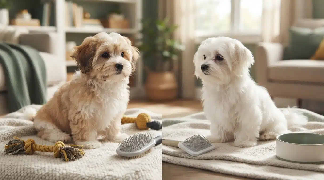 A fluffy Havanese puppy with tan and white fur sits on a rug next to a chew toy, while a white Maltese puppy sits opposite, with grooming brushes and a bowl nearby. Both adorable dogs are in a bright, cozy living room.