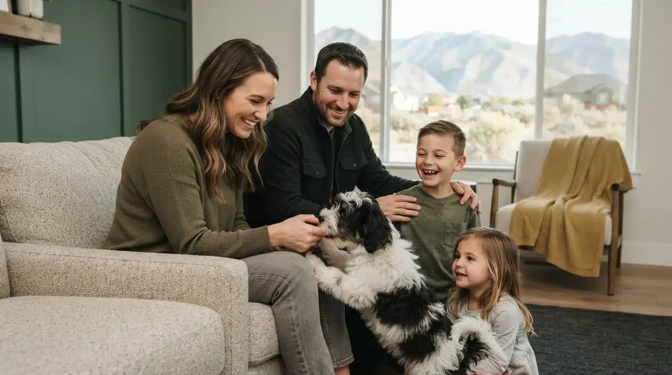 A happy family in Utah plays with a fluffy black and white puppy in their living room, with mountains visible through the window.