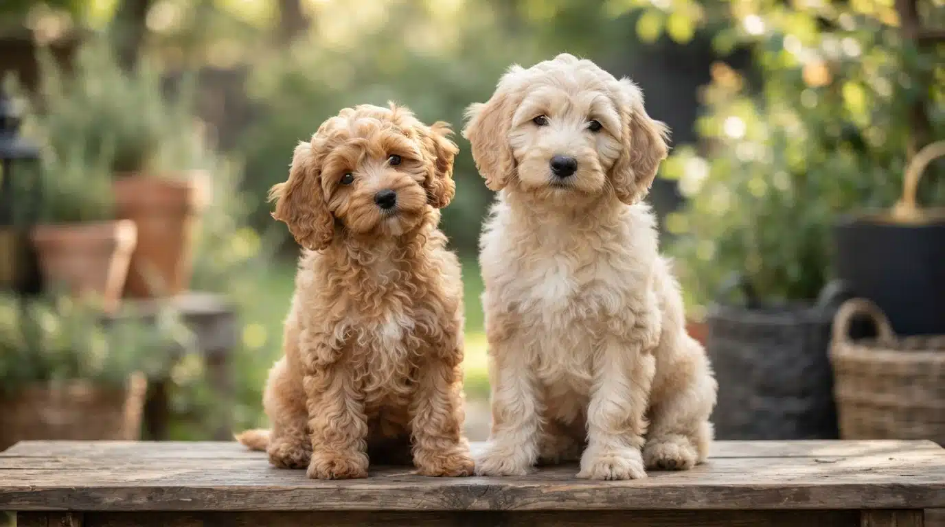 Two adorable mini doodle puppies, a Cavapoo and a Labradoodle, sit side-by-side on a wooden table outdoors, with soft green foliage in the background.