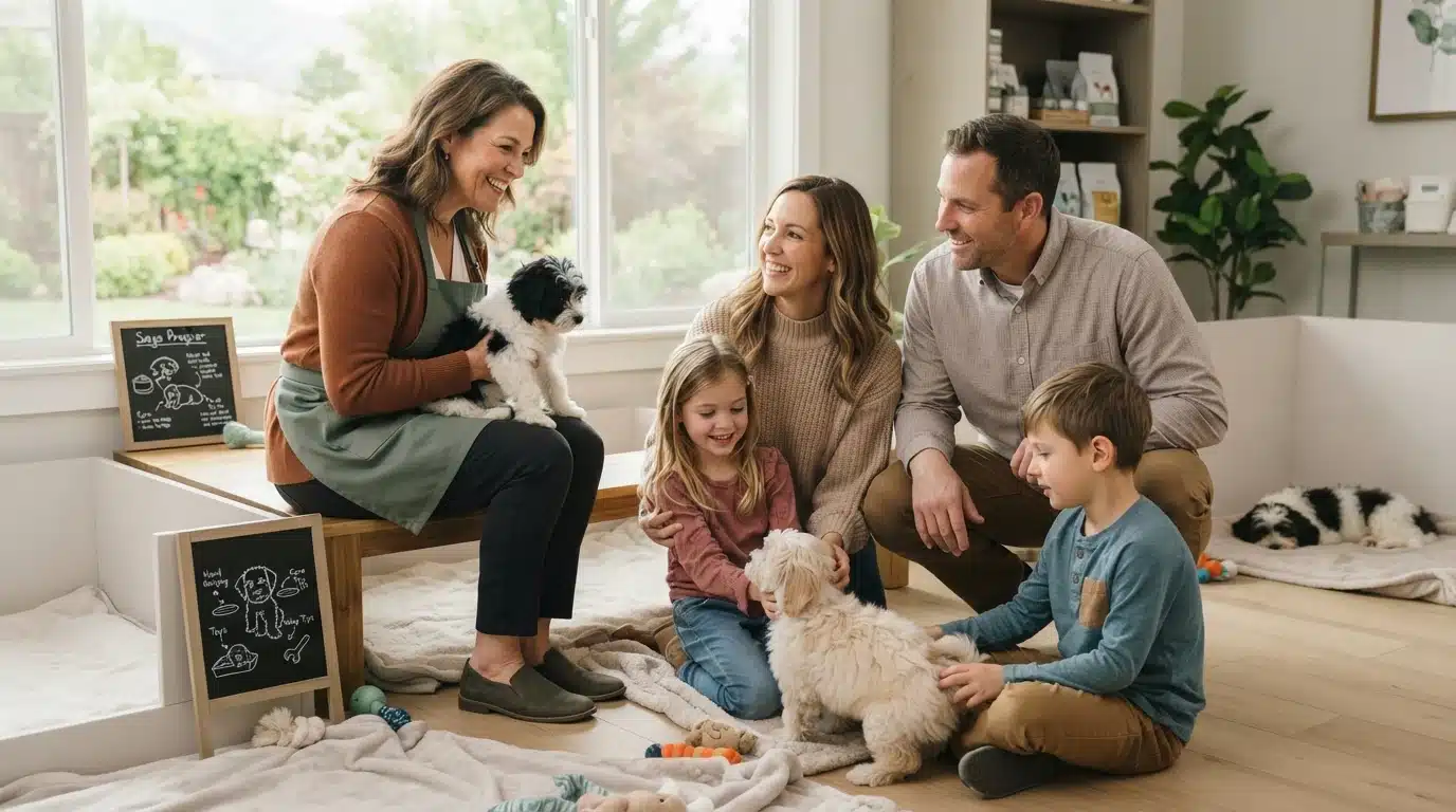 A happy family interacts with fluffy puppies at a breeder's facility, illustrating how to pick the right puppy breeder. A woman holds a black and white puppy, while the parents and two children pet a cream-colored puppy. Two other puppies rest in the background.