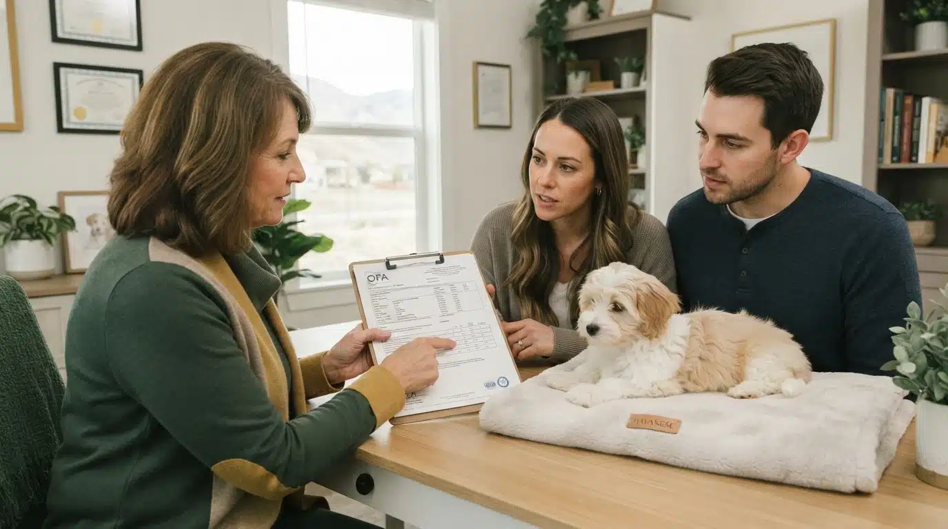 A woman reviews a health testing document with a couple and their fluffy golden doodle puppy, highlighting breeder verification.