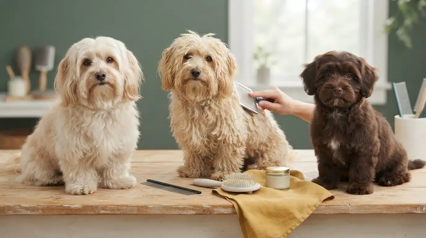 Three Havanese dogs, one white and two tan, sit on a wooden table while one is being groomed with a comb, illustrating a Havanese grooming schedule by coat type.