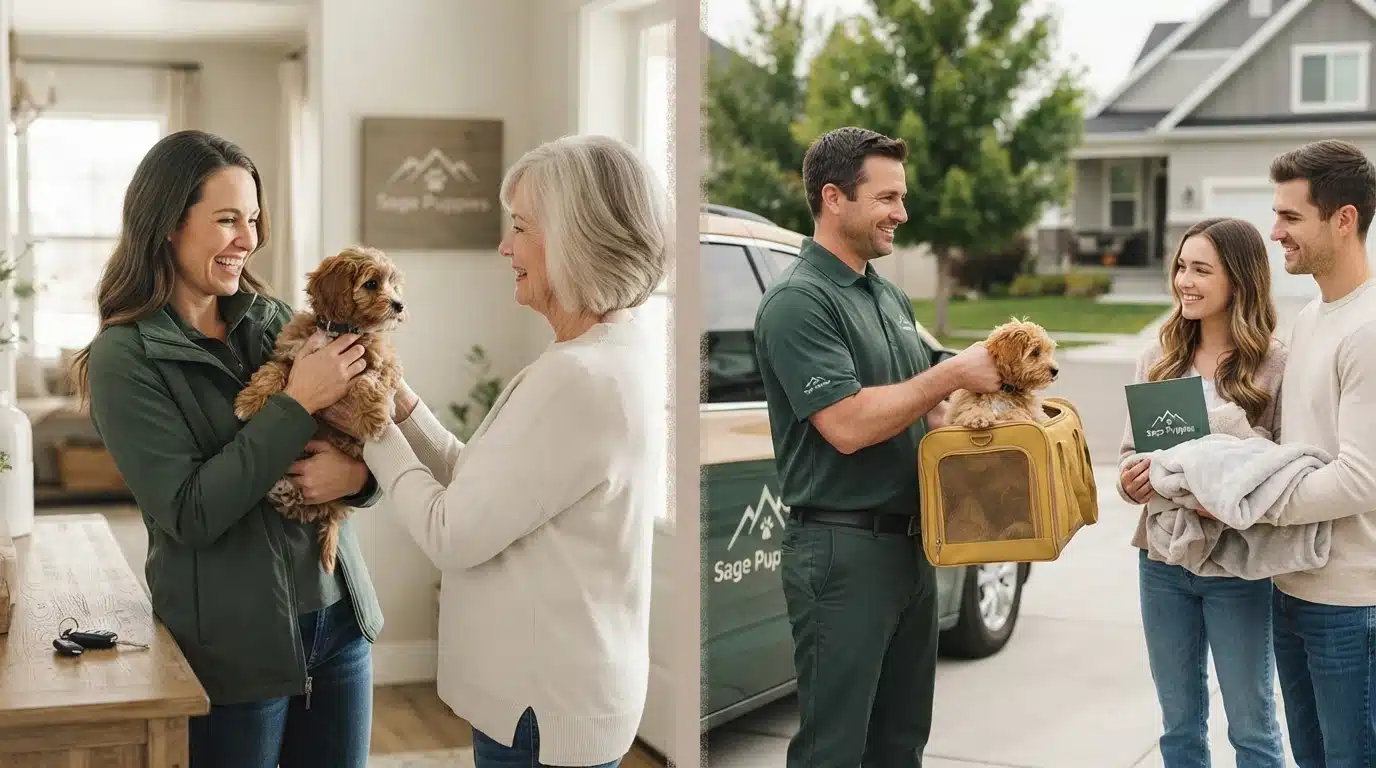 Split image shows puppy delivery vs pickup: A woman and older woman happily exchange a fluffy puppy indoors, while a delivery driver presents a puppy in a carrier to a young couple outside their home.