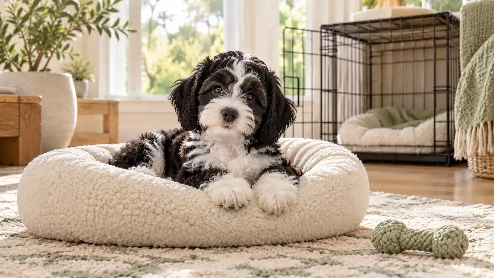 AI-generated illustration of a black and white Havapoo puppy resting in a cream bed beside an open crate in a bright home.