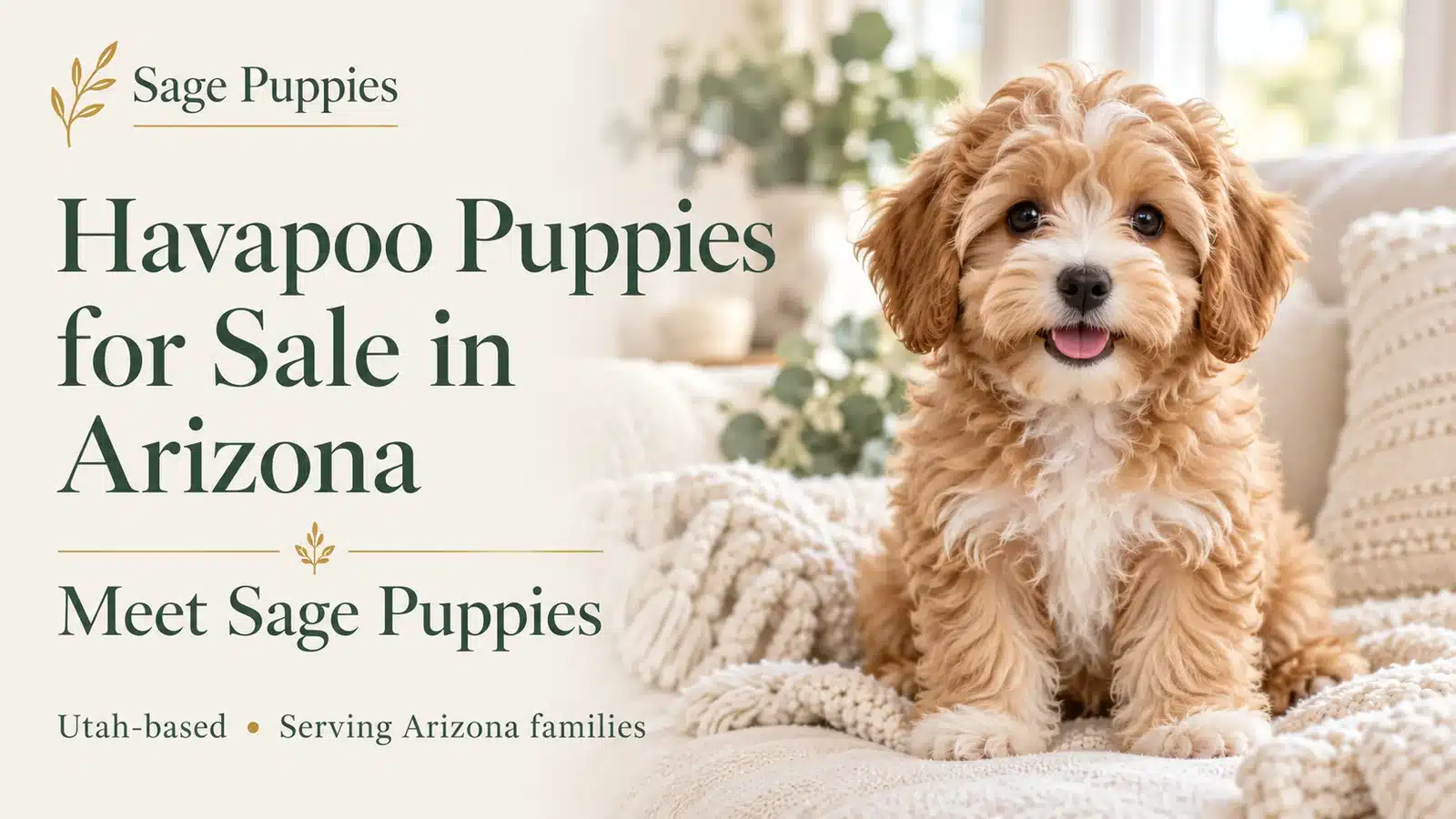 Apricot-and-cream Havapoo puppy beside “Havapoo Puppies for Sale in Arizona” and “Meet Sage Puppies” text.
