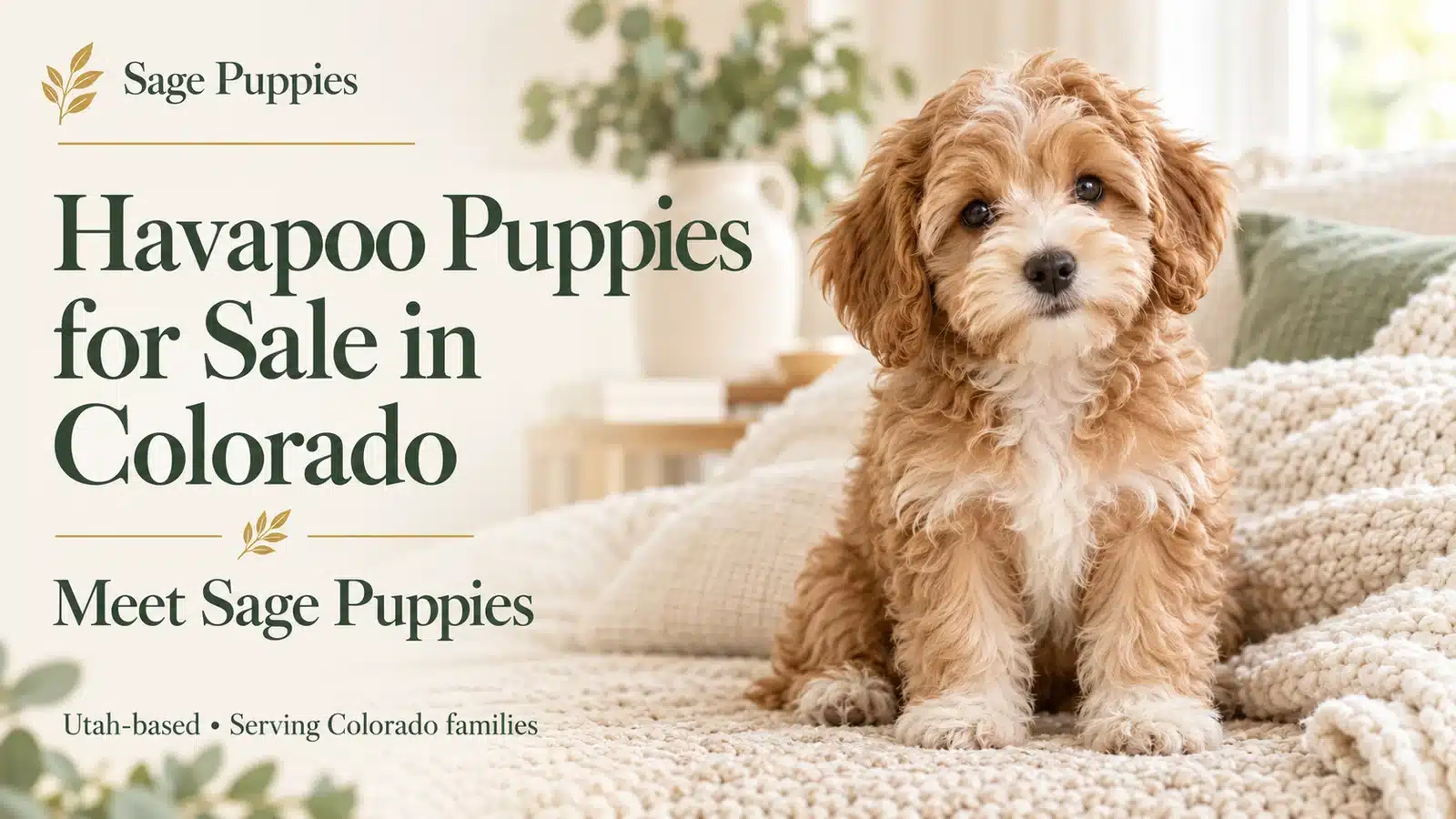 Caramel-and-cream Havapoo puppy beside “Havapoo Puppies for Sale in Colorado” and “Meet Sage Puppies” text.