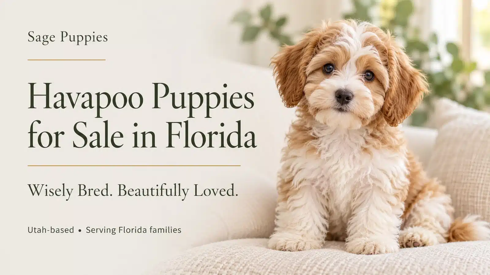 Cream-and-caramel Havapoo puppy sitting on a cream cushion beside the Florida article headline.