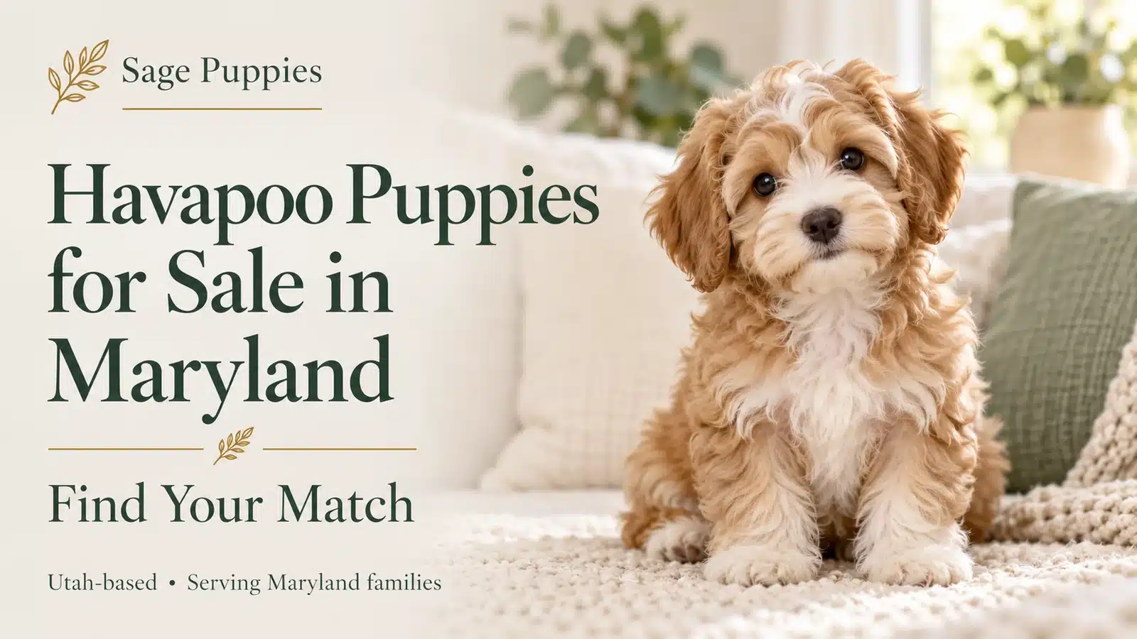 Cream-and-caramel Havapoo puppy beside “Havapoo Puppies for Sale in Maryland” and “Find Your Match” text.
