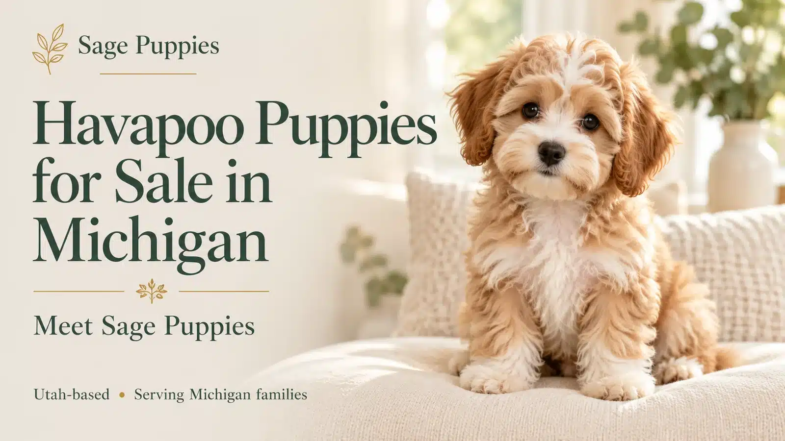 Cream-and-caramel Havapoo puppy on a cream cushion beside the Michigan article headline.
