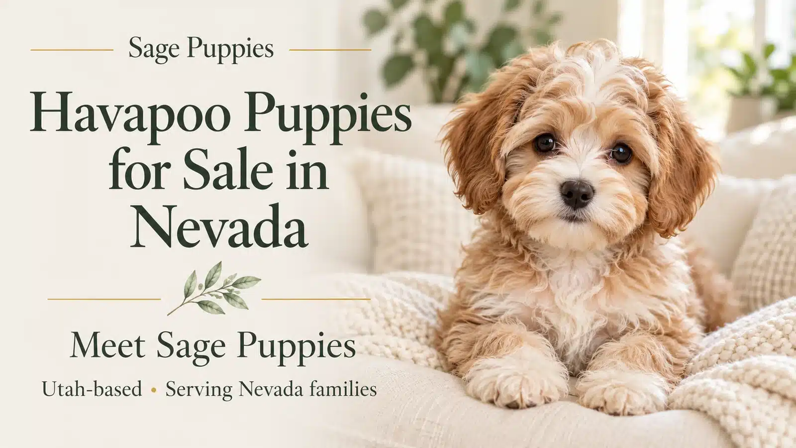 Cream and caramel Havapoo puppy on a cream cushion beside “Havapoo Puppies for Sale in Nevada” text.