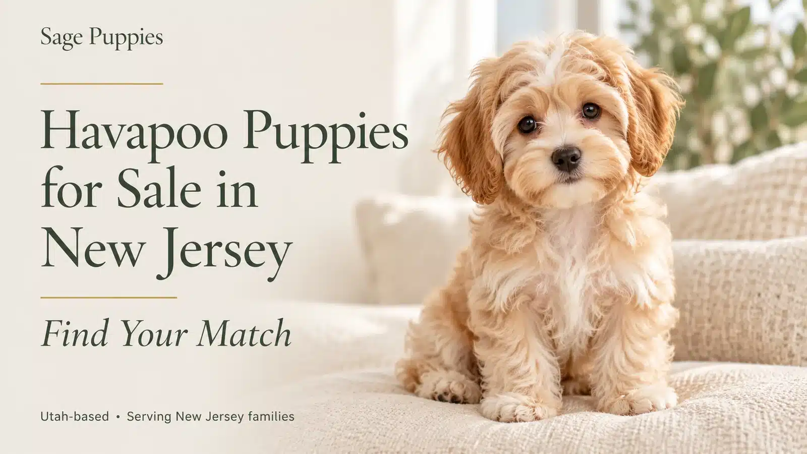 Cream-and-apricot Havapoo puppy on a cream cushion beside the New Jersey article headline.
