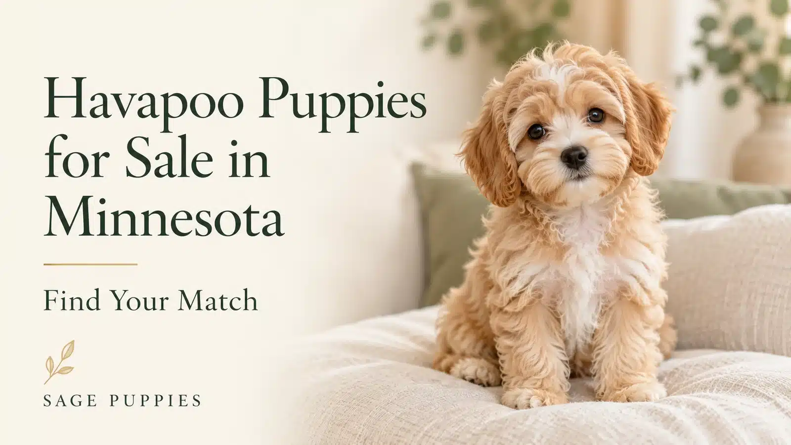 Apricot and cream Havapoo puppy on a linen cushion beside the Minnesota buyer-guide headline.
