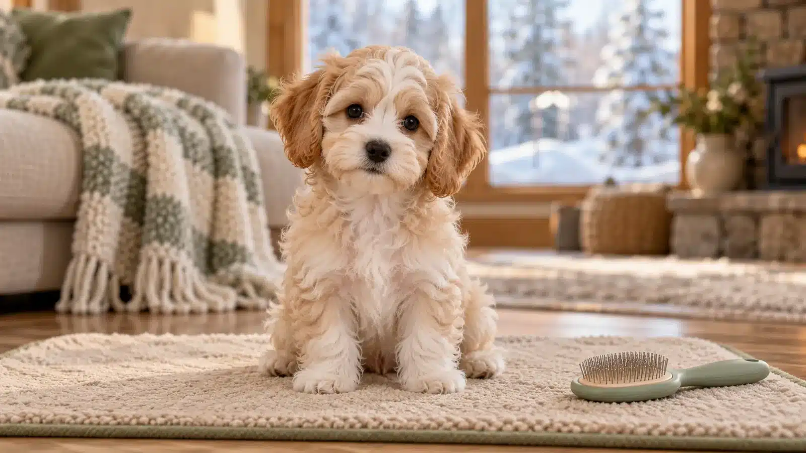 AI-generated illustration of a cream and white Havapoo puppy on a beige mat beside a sage-colored grooming brush in a cozy home.