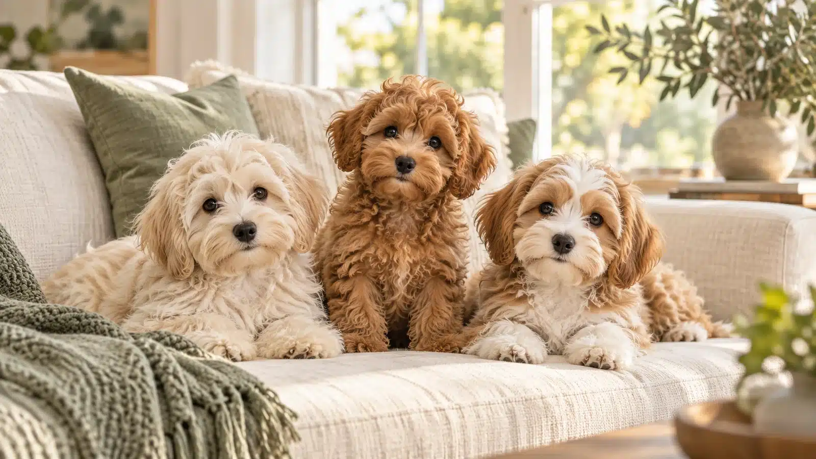 Three small cream, apricot, and tan puppies resting together on a sofa